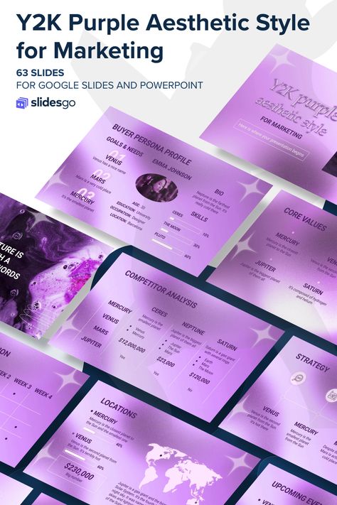 Present your marketing strategy with this template that has a Y2K purple aesthetic style, and stand out in your market. Available for Google Slides and PPT Purple Powerpoint Template, Y2k Ppt Template, Purple Presentation Design, Free Ppt Templates Aesthetic, Y2k Powerpoint Template, Y2k Powerpoint, Y2k Presentation, Y2k Purple Aesthetic, Templet Ppt