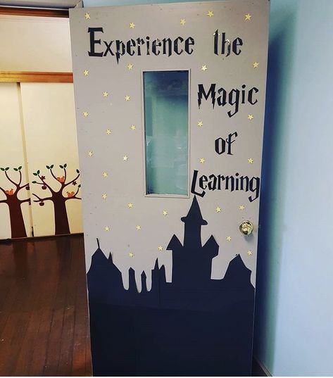 Harry Potter Door Ideas For School, Fake Harry Potter Fireplace, Magic Theme Classroom Ideas, Harry Potter Theme Door, Classroom Harry Potter Theme, Harry Potter Door Decorations For School, Classroom Decor Harry Potter, Harry Potter Themed Door, Castle Door Decorations Classroom