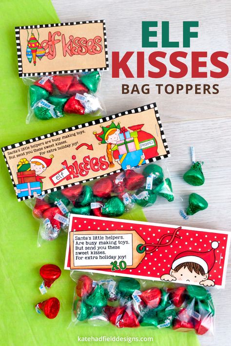 Elf Kisses Free Printable Bag Toppers, Christmas Treats For Classmates, Christmas Gifts For Classmates Kids, Elf Kisses Free Printable, Quick And Easy Christmas Treats, Reindeer Pops, Christmas Favours, Elf Kisses, Classmate Gifts