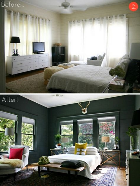 A stunning before and after.  Dark walls with furniture centered around the windows Perfect Paint Color, Gray Bedroom, Trendy Bedroom, After Pictures, Bedroom Green, Bedroom Paint, Low Light, My New Room, Home Staging