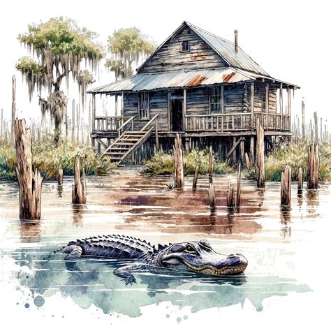 Swamp House Aesthetic, Bayou Drawing, Bayou Illustration, Bayou Aesthetic, Swamp Drawing, Swamp Illustration, Bayou Cottage, Bayou Party, Swamp Shack