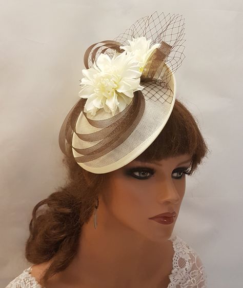 FASCINATOR Brown & Ivory/Cream Flower Hat Fascinator Wedding,Church Fascinator Hat,Goodwood,Cocktail,KENTUCKY DERBY Hat,Ascot Hat fascinator Cream Fascinator, Ivory Hat, Champagne Flowers, Fascinator Wedding, Sinamay Hats, Ascot Hats, Cream Flower, Hat Wedding, Hat Fascinator