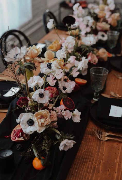 Dark and moody tables cape florals by love and luster October Moody Wedding, Moody Round Table Wedding, Whimsical Moody Wedding, Moody November Wedding, Moody Florals Wedding, Moody Romantic Fall Wedding, Moody Spring Wedding Flowers, Dark Academia Wedding Flowers, Moody Micro Wedding