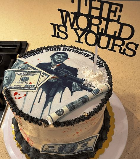 Scarface Birthday Cake Ideas Images (Pictures) Al Pacino Cake, Scarface Birthday Theme, Scarface Party Theme, Scarface Cake, Men Birthday Cake Ideas, Men’s Birthday Cake, Scarface Party, Cake Designs For Men, La Haine Film