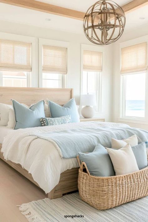 Coastal Master Suite Ideas, Beach House Main Bedroom, Coastal Bohemian Bedroom, Beach Bungalow Bedroom, Coastal Bedroom Furniture Ideas, Beachy Beds, Rustic Beach Bedroom Ideas, Modern Coastal Decor Bedroom, Costal Bedroom Idea