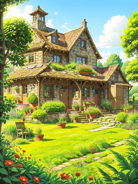 ☾~.~☕️follow me☕️~.~☾ Farmhouse Concept Art, Anime Cottage, Ghibli House, House Concept Art, Art Buildings, Anime House, Fairytale House, House Concept, Casas The Sims 4