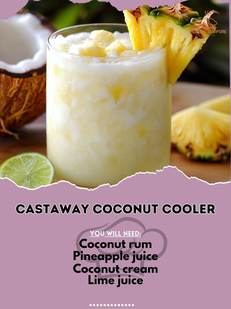 🌴🥥 Escape to paradise with the Castaway Coconut Cooler—a refreshing tropical blend that will transport you to a sunny beach in every sip! 🏖️🍹 #CastawayCoconutCooler #TropicalEscape Castaway Coconut Cooler Ingredients: Coconut rum (2 oz) Pineapple juice (3 oz) Coconut cream (1 oz) Lime juice (1/2 oz) Ice (as needed) Pineapple slice (for garnish) Instructions: Fill a shaker with ice. Add coconut rum, pineapple juice, coconut cream, and lime juice. Shake well and strain into a glass filled w... Coconut Cooler, Yummy Alcoholic Drinks, Sangria Recipes, Delicious Cookie Recipes, Coconut Rum, Indulgent Desserts, Best Cookie Recipes, Lime Wedge, Flavored Water