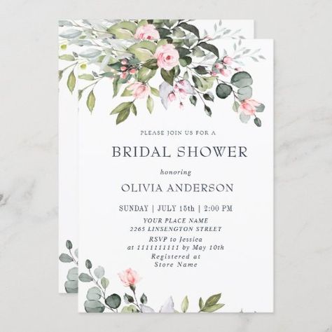 $2.7 | Elegant Eucalyptus Blush Roses BRIDAL SHOWER - greenery, foliage, floral, bridal brunch, dusty blue, rustic, watercolor, bridal luncheon, pink flowers, boho Bridal Shower Greenery, Shabby Chic Tea Party, Wedding Invitation Message, Bridal Shower Brunch Invitations, Boho Bridal Shower Invitations, Invitation Etiquette, Rustic Watercolor, Summer Bridal Showers, Bridal Shower Tables