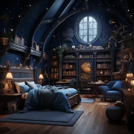 Raven Claw Dorm Room, Wizard Themed Bedroom, Hogwarts Bedroom Ravenclaw, Ravenclaw Dorm Room Shifting, Ravenclaw Themed Bedroom, Ravenclaw Room Ideas Bedrooms, Ravenclaw Themed Room, Wizard Room Decor, Wizard Bedroom Aesthetic