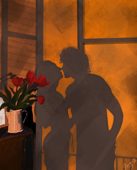 #Couple #love #art #kiss #flower #shadow #illustration #painting Kissing Painting Aesthetic, Kiss Illustration Couple, Simple Romantic Painting, Couple Kissing Painting, Romantic Kisses Illustration, Art Love Romance Painting, Couple Shadow Painting, Couple Shadow Drawing, Aesthetic Couple Painting