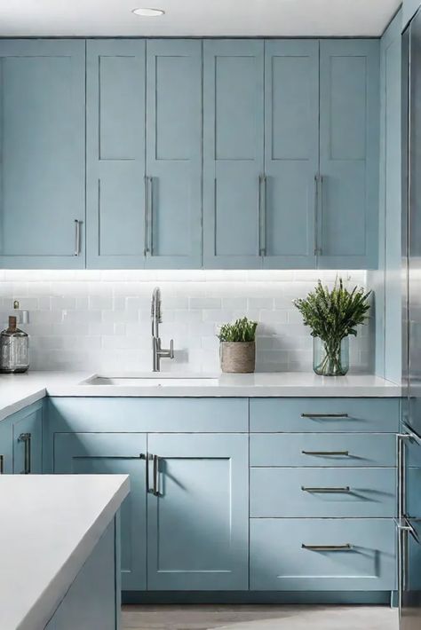 Cooltoned blue cabinets creating a serene kitchen atmosphere Blue Kitchen Cabinets White Countertops, Light Blue Kitchen Cabinets, Serene Kitchen, Blue Gray Kitchen Cabinets, Modular Kitchen Ideas, Blue Kitchen Designs, Open Kitchen Layouts, Grey Blue Kitchen, Light Vs Dark