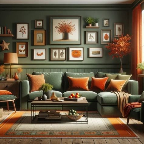 Green Colour Living Room, Sage Green Burnt Orange Living Room, Green And Burnt Orange Living Room, Burnt Orange And Green Living Room, Burnt Orange And Forest Green, Burnt Orange Rooms, Forest Green Living Room, Orange And Forest Green, Forest Living Room