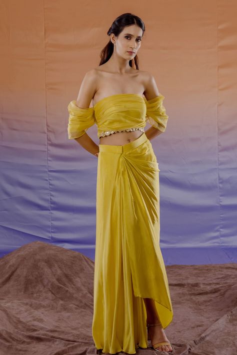 Payal Zinal, Draped Lehenga, Drape Lehenga, Yellow Drapes, Satin Lehenga, Yellow Satin, Draped Skirt, Stylish Dresses For Girls, Indian Fashion Designers