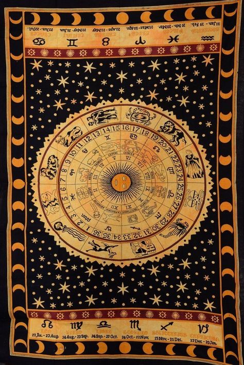 Black Zodiac, Celtic Zodiac, Celestial Tapestry, Sun And Moon Tapestry, Moon Tapestry, Mandala Wall Hanging, Handmade Tapestries, Indian Mandala, Hippie Tapestry