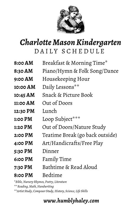 Our daily schedule for a Charlotte Mason inspired Kindergarten. Read my blog for details on when I tackle homemaking tasks, computer work and reading between homeschooling. I also have a baby and a toddler so I share what I do with them while I’m homeschooling our kindergartener. Our schedule may not happen at these EXACT times each day but generally, in the same order. Charlotte Mason Preschool Schedule, Homeschool Preschool Schedule Lesson Plans, Charlotte Mason Kindergarten Schedule, Charlotte Mason Timetable, Homeschool Charlotte Mason, Kindergarten Daily Schedule, Charlotte Mason Kindergarten, Preschool Homeschool Schedule, Charlotte Mason Schedule