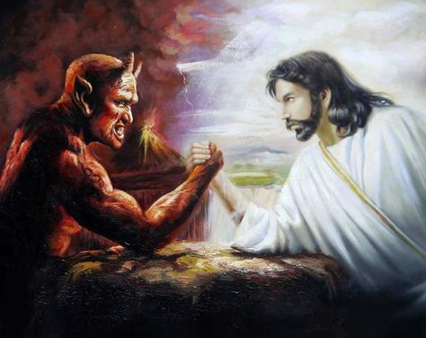 Online-Shop 100%Handpainted Jesus and the Devil Arm Wrestling 50x60cm Portrait Oil Painting on Canvas | Aliexpress Mobil Painting Of Sun, Christ Drawing, Demon Symbols, Demon Angel, Biblical Tattoos, Hyper Realistic Tattoo, Arm Wrestling, Knight Tattoo, Church Backgrounds