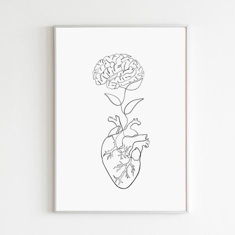 Heart and brain art printable Abstract brain heart art Human | Etsy Human Heart And Brain Tattoo, Brain Art Tattoo, Heart Or Brain Tattoo, Anatomy Heart Tattoo, Heart And Brain Art, Brain Art Drawing, Brain Line Art, Heart Art Drawing, Brain Tattoo Ideas