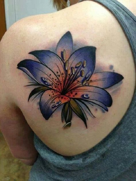 Dark blue watercolor lily tattoo on shoulder blade - 55+ Awesome Lily Tattoo Designs  <3 <3 Amaryllis Tattoo, Lily Tattoo Meaning, Tiger Lily Tattoos, Lillies Tattoo, Lily Tattoo Design, Lily Flower Tattoos, Iris Tattoo, Shoulder Blade Tattoo, Flower Tattoo Meanings