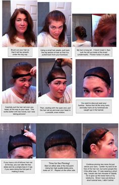 (31) A picture tutorial on how to wear a mesh wig cap. I like the pointers she gives on placement, pinning it, and taking care of short flyaways. | Pinterest Wig For Beginners, How To Wear A Wig, Picture Tutorial, Costume Tutorial, Cheap Halloween, Halloween Wigs, Epic Cosplay, Cosplay Tutorial, Wig Caps