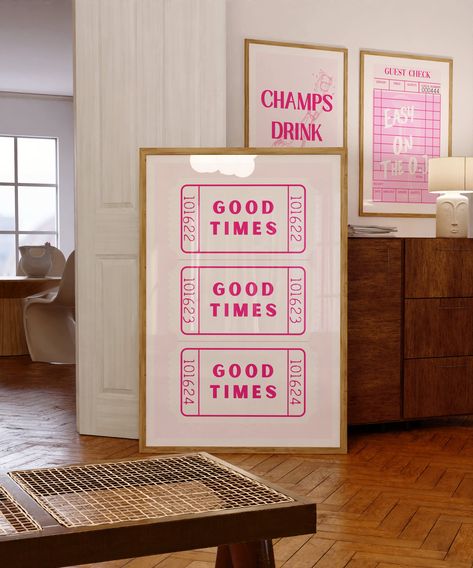 "Trendy Wall Art Prints Retro Good Times Ticket Print Black White Wall Art Trendy Printable Art Digital Prints Retro Bar Cart Decor Preppy Wall art print for apartment 🌟  MATCHING OR COORDINATING PRINTS 🌟 https://www.etsy.com/shop/GlitzyPress?ref=seller-platform-mcnav&search_query=pink 🌟 IMPORTANT INFO 🌟 This is a digital item, you will not receive anything in the mail. Digital items cannot be returned so, they can't be refunded - sorry. If you have any issue with your order please reach out Light Pink Walls, Retro Bar Cart, Admit One Ticket, One Ticket, College Apartment Decor, Funny Bathroom Decor, Girly Wall Art, Grand Art Mural, Taylor Swift Posters