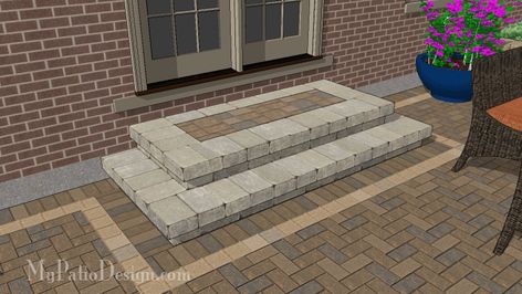 Beautiful Tumbled Block Creates Cascading Steps for Your Patio. | Download Installation Plans at MyPatioDesign.com Patio Step, Paver Steps, Patio Blocks, Elegant Entrance, Patio Stairs, Front Porch Steps, Front Door Steps, Patio Plans, Brick Steps