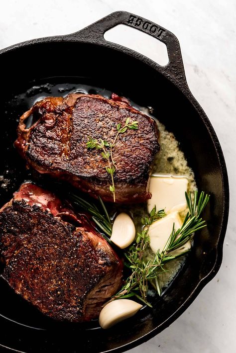 Learn how to cook Filet Mignon perfectly! Nothing is better than a tender cut of steak with a beautiful brown crust and juicy interior. #filetmignon #beef #valentinesdayrecipes #castironcooking | GarnishandGlaze.com Beef Tenderloin Steak Recipes Cast Iron, Tenderloin Steaks In The Oven, Filet Mignon Aesthetic, Beef Tenderloin Cast Iron Skillet, Beef Tenderloin Steaks Recipes, Tenderloin Filet Recipes, How To Cook Filet Mignon, Filet Mignon Cast Iron Skillet, Beef Tenderloin Steak Recipes