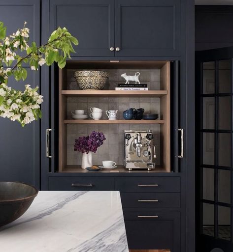 Dark Base Cabinets Light Uppers, Blue Black Cabinets, Midnight Blue Kitchen Cabinets, Hidden Coffee Bar, Kitchen Zones, Studio Dearborn, Built In Coffee Bar, Sarah Robertson, Coffee Cabinet