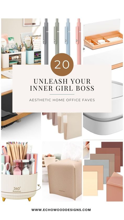 20 Aesthetic Finds For A Gorgeous Home Office — Echowood Designs Office Essentials Women, Office Desk Decor For Work Cubicle, Girlboss Office, Girly Home Office, Amazon Home Office, Work Desk Organization, Aesthetic Finds, Modern Desk Accessories, Unique Office Decor