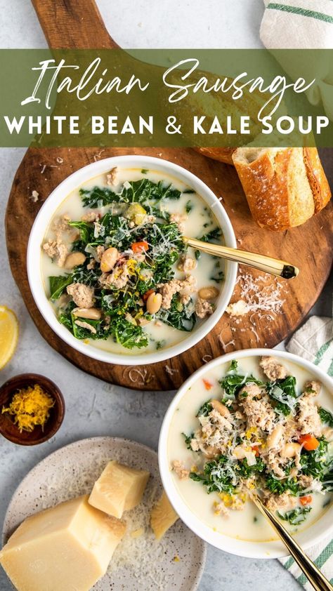 Rustic Tuscan Style Sausage White Bean And Kale Soup, Lemony Kale And White Bean Soup, Turkey Kale White Bean Soup, White Bean Kale Sausage Soup, White Bean Chili Crockpot, Sausage Kale White Bean Soup, White Bean Sausage Soup, Sausage White Bean, White Bean And Kale Soup