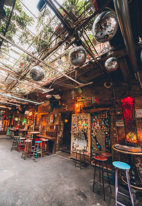 Unusual Bar Ideas, Coolest Bars In The World, Groovy Bar, Budapest Ruin Bar, Szimpla Kert, Backyard Cafe, Bohemian Bar, Bar Original, Home Bar Cabinet