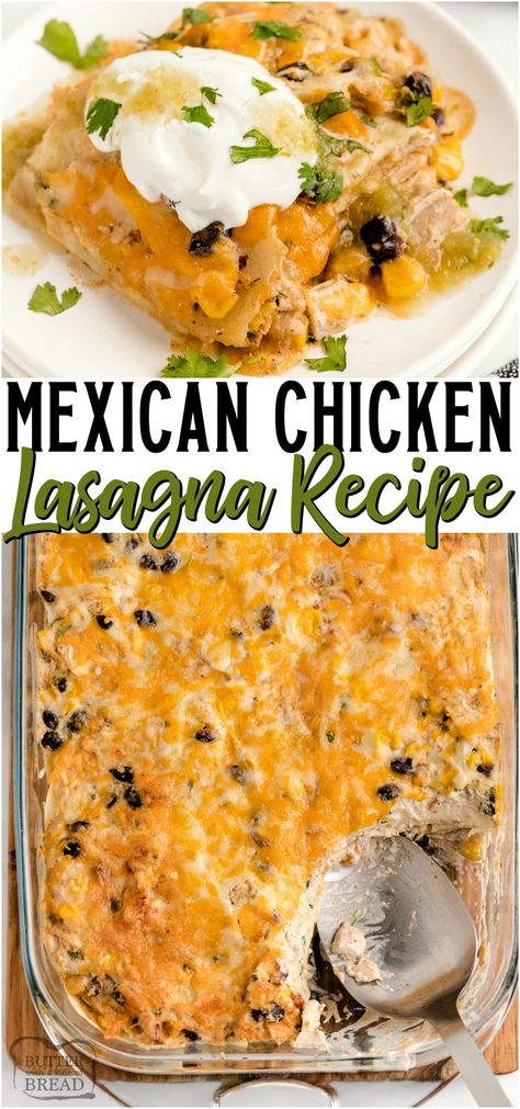 Mexican Chicken Lasagna, Easy Chicken Lasagna, Easy Chicken Lasagna Recipe, Mexican Lasagna With Tortillas, Bread Lasagna, Enchilada Lasagna, Mexican Lasagna Recipes, Corn Tortilla Recipes, Chicken Lasagna Recipe