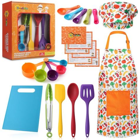 RISEBRITE Real Kids Cooking Set for Girls and Boys   22 Pcs Gift Set Includes Kids Apron, Chef Hat, Cooking Supplies, Kitchen Utensils and Recipes for The Curious Young Junior Chef Kids Cooking Set, Chef Hats For Kids, Baking Gift Set, Kids Baking Set, Junior Chef, Kid Chef, Cooking Kit, Baking Kit, Kids Cooking