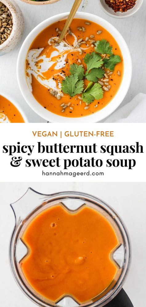 A cozy, creamy, and spicy butternut squash and sweet potato soup that will warm you right up on chillier days. It’s vegan, highly nutritious, and totally delicious! This recipe is great for meal-prep and freezer-friendly. #butternutsquash #sweetpotato #soup #fallrecipes #blendedsoup #souprecipes #vegan #glutenfree #dairyfree #butternutsquashsoup #sweetpotatosoup #spicy Spicy Butternut Soup, Sweet Potato Butternut Squash Soup, Butternut Squash And Sweet Potato Soup, Butternut Squash Sweet Potato Recipes, Butternut Squash Sweet Potato Soup, Squash And Sweet Potato Soup, Spicy Sweet Potato Soup, Butternut Squash And Sweet Potato, Spicy Butternut Squash