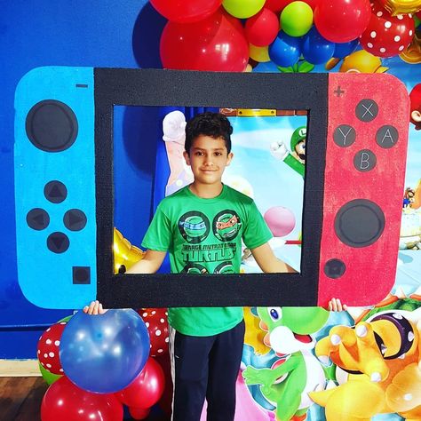 Nintendo Switch Nintendo Party Decorations Diy, Gamer Party Decorations Diy, Nintendo Switch Photo Booth, Video Game Photo Booth, Nintendo Switch Bulletin Board, Switch Party Decorations, Switch Theme Party, Nintendo Switch Balloon Garland, Giant Sorry Pieces Diy