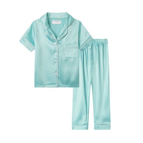 PRICES MAY VARY. Great Material: This satin silk pajama set has a matte finish and is crafted from a blend of premium polyester and spandex materials. It is breathable, ideal for maintaining dryness, and provides superior protection for your little girl's sensitive skin. Resistant to wrinkling, non-fading, and easy to maintain. Unique Design: Summer pajamas for girls feature a single chest pocket, adding a touch of style and sophistication. The notched collar provides comfort for head movement, Teal Pajamas, Polar Express Pajamas, Pajamas For Girls, Silk Pajamas Set, Characters Aesthetic, Summer Loungewear, Silk Pajama, Summer Pajamas, Silk Pajama Set