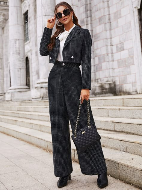 Black and White Elegant  Long Sleeve Tweed Plaid   Non-Stretch Fall/Winter Women Suits Tweed Outfit Women, Tweed Suit Women, Blazer Wide Leg Pants, Tweed Jacket Outfit, Spring Business Casual Outfits, Tweed Outfit, Spring Business Casual, Black And White Suit, Office Wear Women