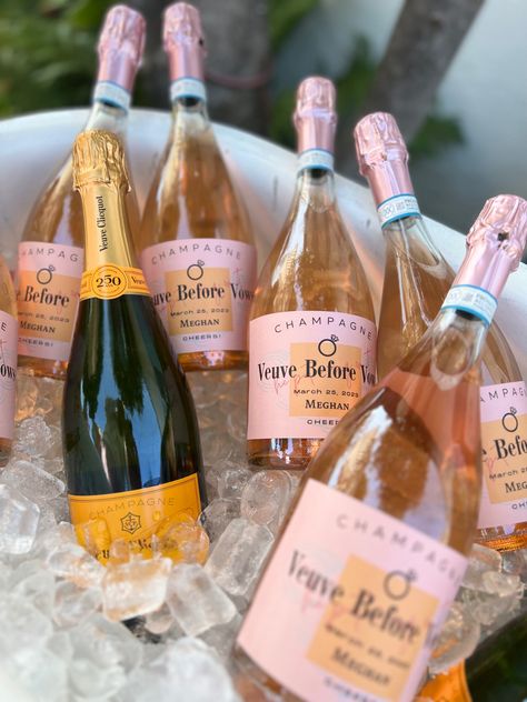 Veuve Cookies, Veuve Bridal Shower Theme, Champagne Bachelorette Party Theme, Vueve Champagne Bachelorette, Vueve Champagne, Bridal Shower Champagne Bar, Feeling Spritzy, Custom Champagne Bottle Labels, Camp Barbie