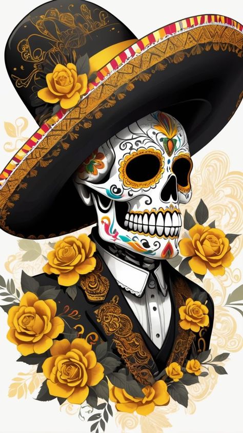 Celebrate the beauty of Día de los Muertos with this stunning sugar skull wallpaper adorned with intricate designs and vibrant yellow marigolds. Perfect for honoring Mexican culture and traditions, this elegant skull art adds a touch of color and meaning to your phone. Download it now from my Zedge account and bring a festive, artistic flair to your screen! Mexican Iphone Wallpaper, Dia De Los Muertos Skull Ideas, Mexican Sugar Skull Art Beautiful, Mexican Marigold, Sugar Skull Art Drawing, Color And Meaning, Wallpaper Vibrant, Sugar Skull Wallpaper, Sugar Skull Illustration