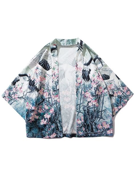 Tree Flowers Crane Painting Print Kimono Cardigan  COOL WHITE , #sponsored, #Crane, #Painting, #Tree, #Flowers, #Print #Ad Printed Kimono Jacket, Fashion Chinese, Japanese Yukata, Japanese Shirt, Cardigan Kimono, Yukata Kimono, Kimono Yukata, Kimono Design, Harajuku Streetwear