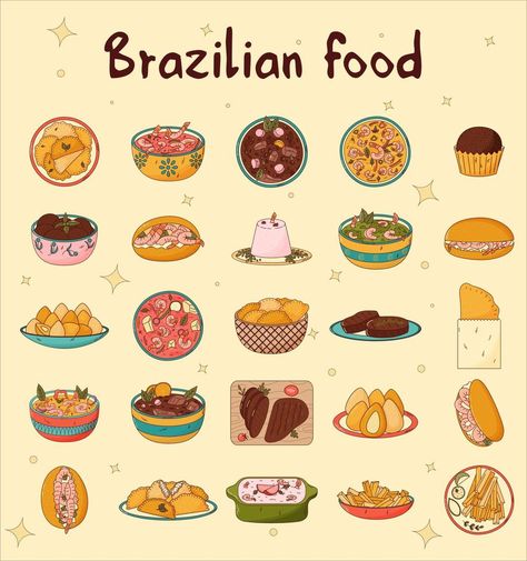 Set of Brazilian traditional food. Vector illustration in hand drawn style Brazilian Food Photography, Brazilian Vegetables, Food From Brazil, Traditional Brazilian Food, Brazil Recipes, Brazilian Kitchen, Brazil Illustration, Brazilian Food Traditional, Brazilian Snacks