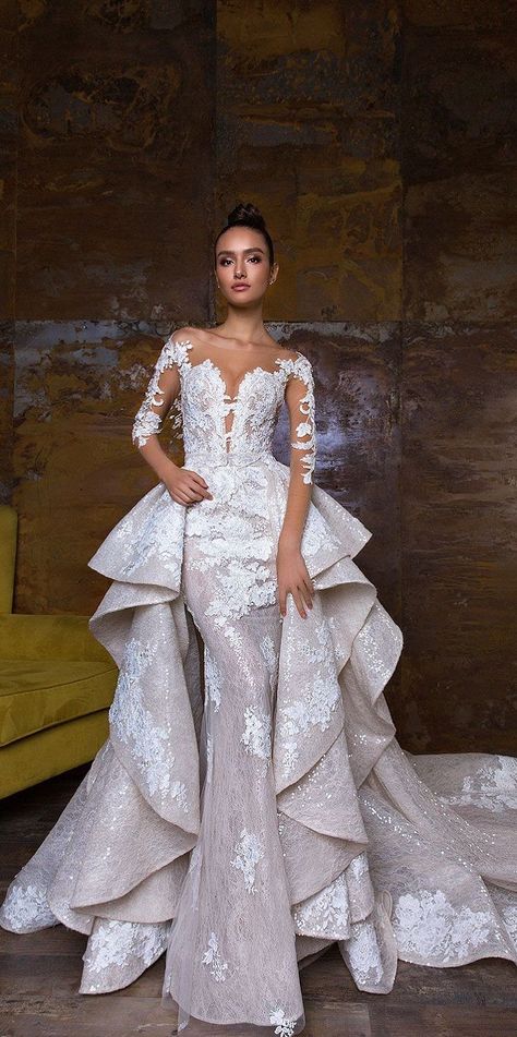 wedding dress with detachable skirt,detachable wedding dress train,wedding dress with detachable overskirt,mermaid wedding dress with detachable train,wedding dresses,wedding jumpsuit with detachable skirt #weddingdress #weddinggown Wedding Mermaid Dress, Convertible Wedding Dresses, Wedding Mermaid, Couture Dior, Long Sleeve Bridal Dresses, Skirt Diy, Long Sleeve Wedding Gowns, Detachable Skirt, Detachable Train