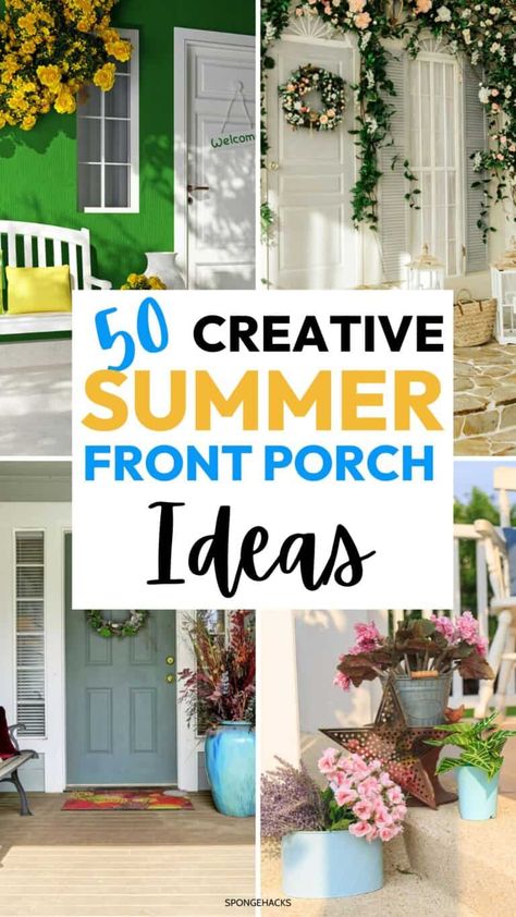 Front Porch Curtains, Sponge Hacks, Small Porch Decor, Summer Front Porch Ideas, Small Bathroom Decor Ideas, Step Ideas, Small Porch Decorating, Summer Front Porch Decor, Summer Porch Decor