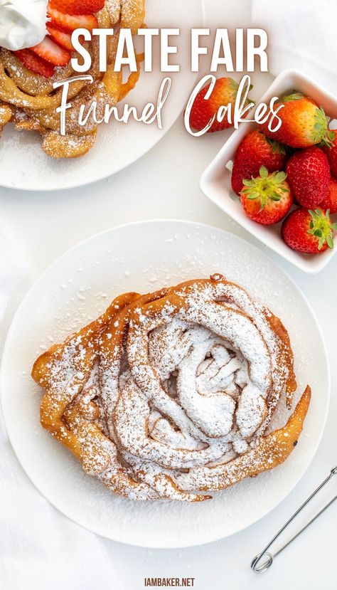 A homemade funnel cake topped with confectioners sugar, fresh strawberries are in a bowl in the background. Funnel Fries, Funnel Cake Batter, Fried Pastry, Easy Impressive Dessert, Homemade Funnel Cake, Cake Calories, Funnel Cakes, Impressive Recipes, Elegant Desserts