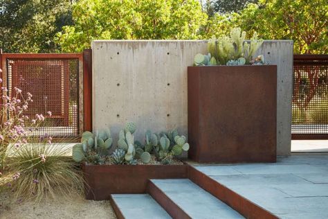 The Four-Season Garden: An Enchanting Indoor/Outdoor Landscape in Sonoma County by Terremoto Steel Retaining Wall, Indoor Outdoor Space, Steel Planters, Outdoor Landscape, Garden Architecture, Retaining Walls, Yard Design, Public Garden, Corten Steel