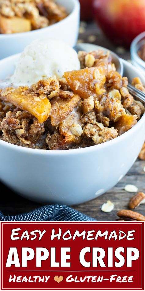 This Homemade Apple Crisp is loaded with tender baked apples and topped with an oatmeal crisp topping perfect for your fall dessert! This gluten-free, healthy apple crisp can easily be made vegan. Top with whipped cream or ice cream to take it to the next level. #apple #crisp #fall #glutenfree #vegan #apples #dessert The Best Apple Crisp, Apple Crisp With Oatmeal, Apple Crisp Recipe Healthy, Best Apple Crisp Recipe, Vegan Apple Crisp, Oatmeal Apple, Crisp Topping, Healthy Apple Crisp, Gluten Free Apple Crisp