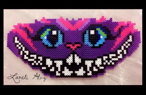 #beyond #rave #edm #trance #alice #alicia Cheshire Cat Perler Beads, Beyond Wonderland Perler, Cheshire Cat Perler, Alice In Wonderland Perler Beads, Trippy Perler Bead Patterns, Rave Perler Pattern, Rave Perler, Rave Candy, Halloween Perler