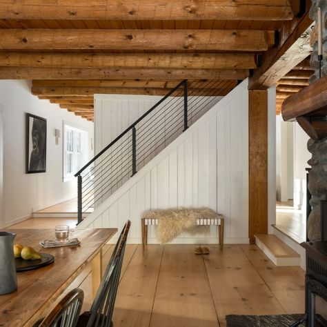 Pine Dining Room, Cabin Remodel, Pine Flooring, Modern Railing, Cabin Renovation, Stowe Vt, Eastern White Pine, Stowe Vermont, Cabin Floor