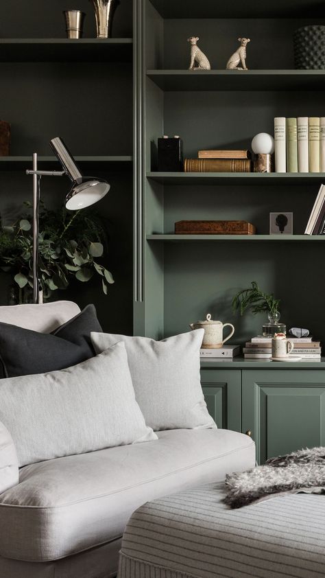 Classic moody library vibes - perfect for winter months | The dark green bookshelves complements the soft neutral grey colour palette | Seen here: Bemz Chalk Simply Linen cover for an IKEA Stocksund armchair + Conscious Silver Grey Pinstripe on a Vallentuna module Dark Home Office, Green Bookshelves, Green Home Offices, Ikea Stocksund, Moody Interior Design, Dark Green Living Room, Home Library Design, Dark Home, Hus Inspiration