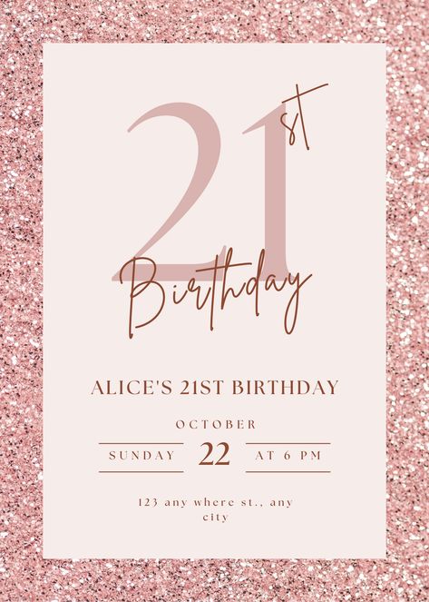 Elegant Invitations Birthday, 21st Birthday Invitations Templates Pink, How To Do Birthday Cards, Invitation Card Design 21st Birthday, 21 St Birthday Invitations, Invite Design Birthday, Birthday Card Ideas Invitation, Invite Birthday Card, 21 Birthday Invitations Template