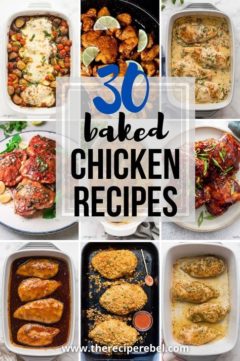 Here are 30 Baked Chicken Recipes that are so easy to make, and full of flavor! From crispy "fried" chicken made in the oven, to creamy, saucy one-pan chicken dinners, these are my favorite ways to bake chicken. From casual family dinners to the next time you're entertaining! #chicken #recipes #dinner | easy dinner ideas | easy chicken dinner | baked chicken breast | baked chicken recipes | easy recipes Chicken Dinner Oven Recipes, Chicken Receipts In The Oven, Different Ways To Bake Chicken, Chicken Bakes Healthy, Healthy Dinner Recipes For Family Easy Baked Chicken, Baked Chicken Recipes For A Crowd, Chicken Oven Meals, Chicken Bake Ideas, Oven Baked Chicken Breast And Potatoes